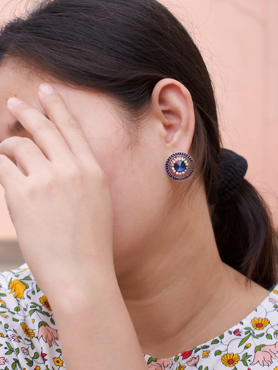 Round Design  Blue Stud  With Stones Earring