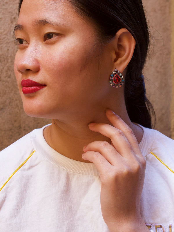 Tear Design  Red Stud  With Stones Earring