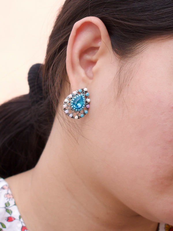 Tear Design  Blue Stud  With Stones Earring