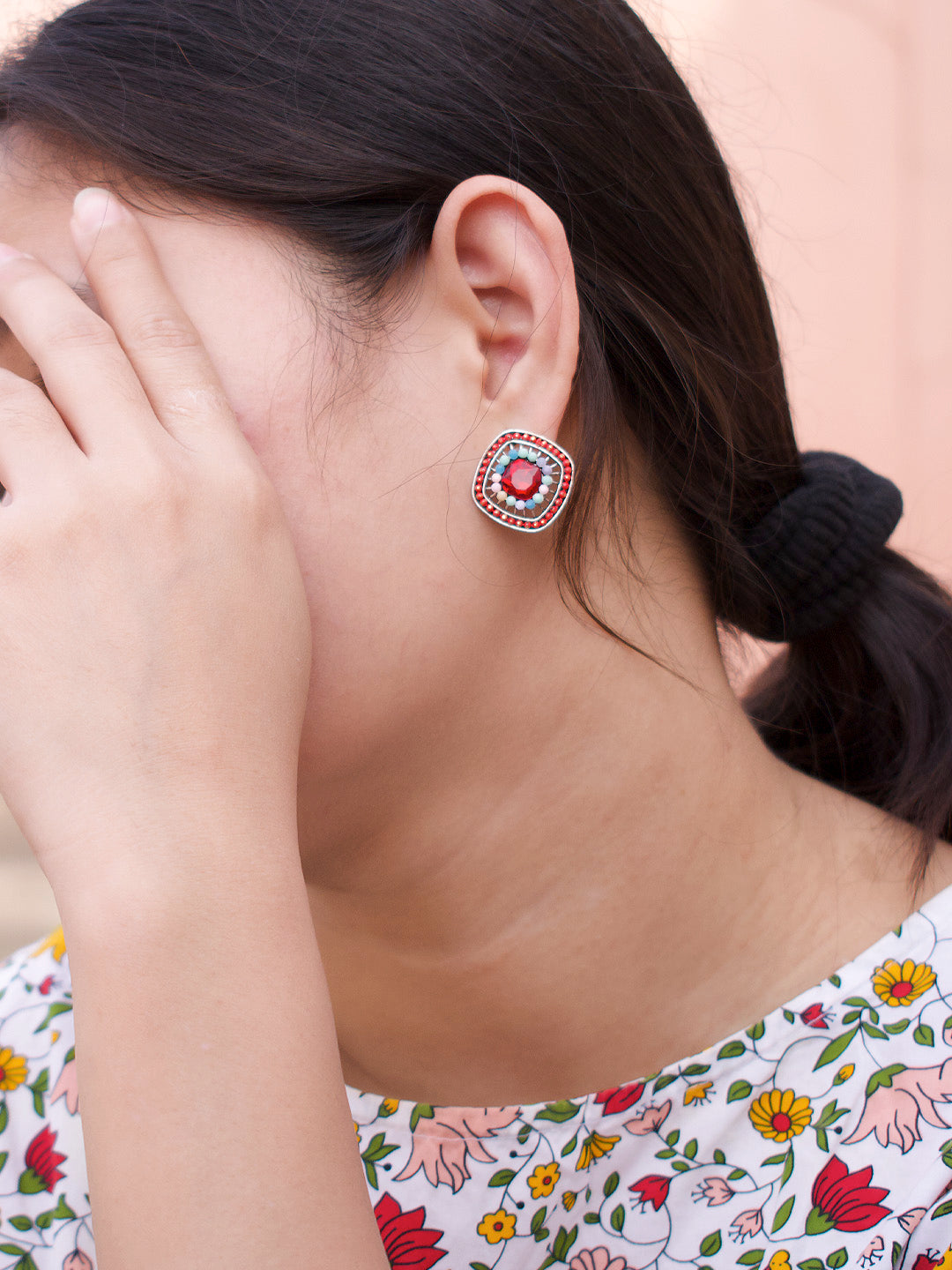 Square Design  Red Stud  With Stones Earring