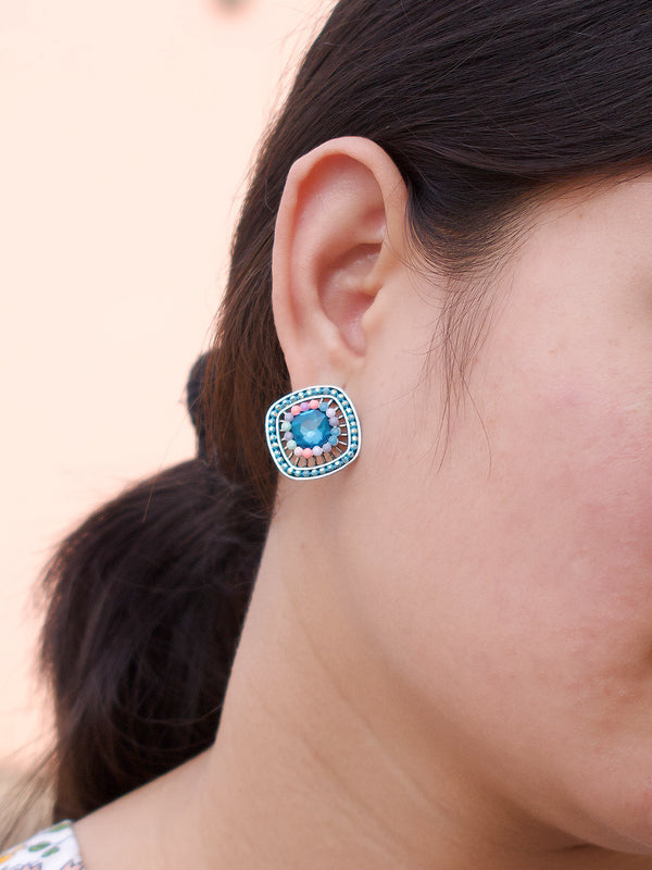 Square Design  Blue Stud  With Stones Earring