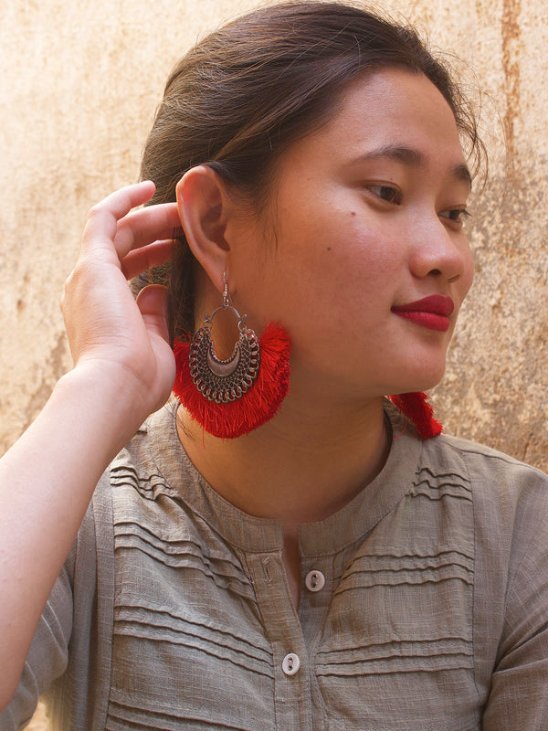 Floral Design Red Drop Earring