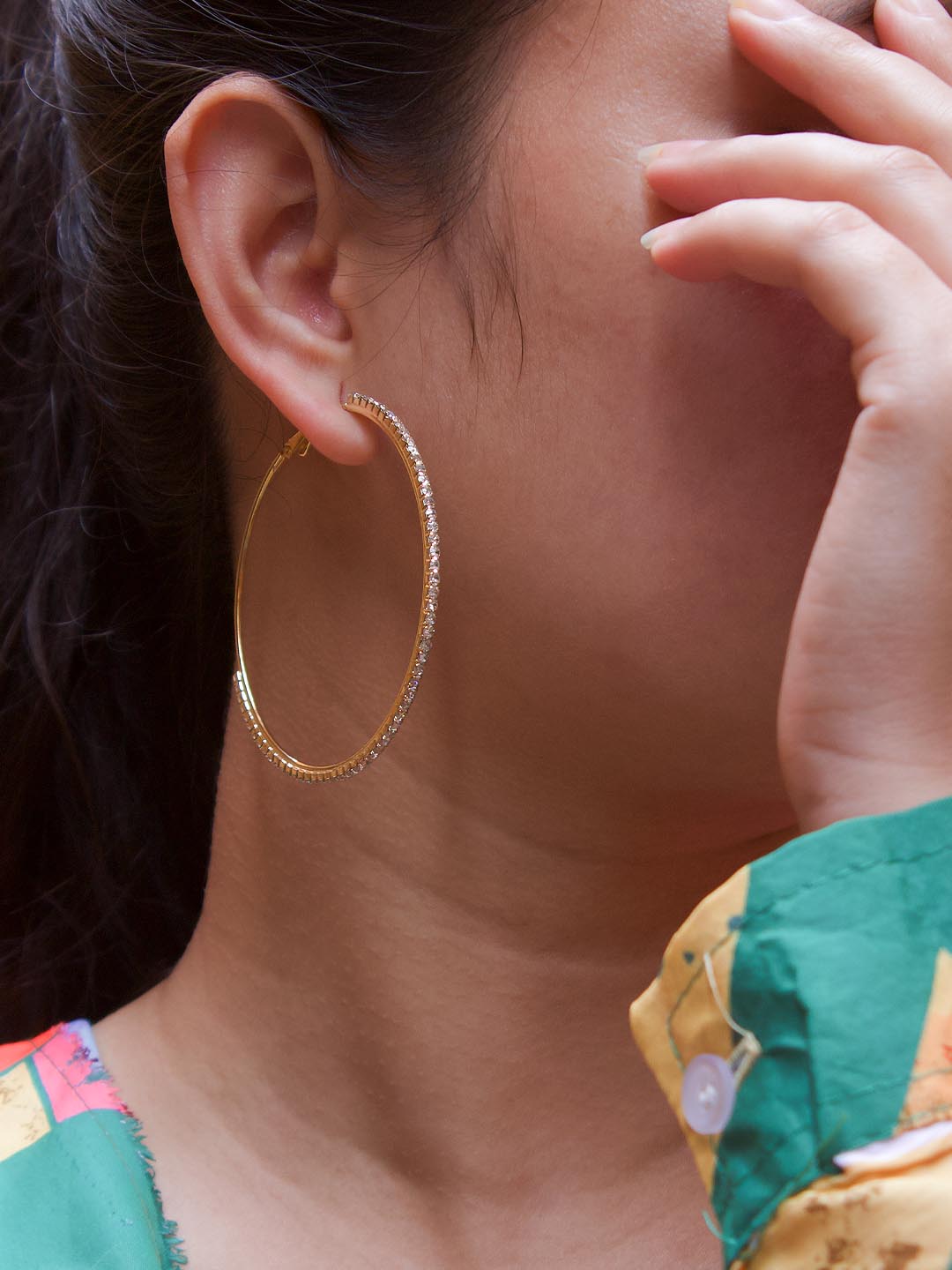 Round Design With White Stones Gold Plated Hoop Earring