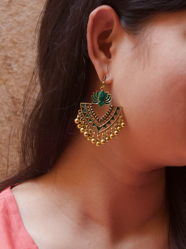 Gold Plated Green Color Lotus Design Afghani Earring