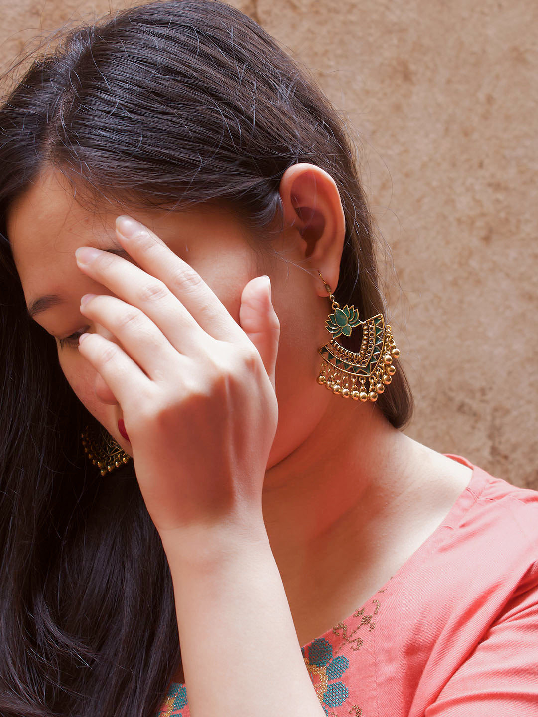 Gold Plated Green Color Lotus Design Afghani Earring