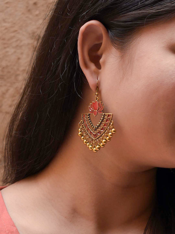 Gold Plated Red Color Lotus Design Afghani Earring