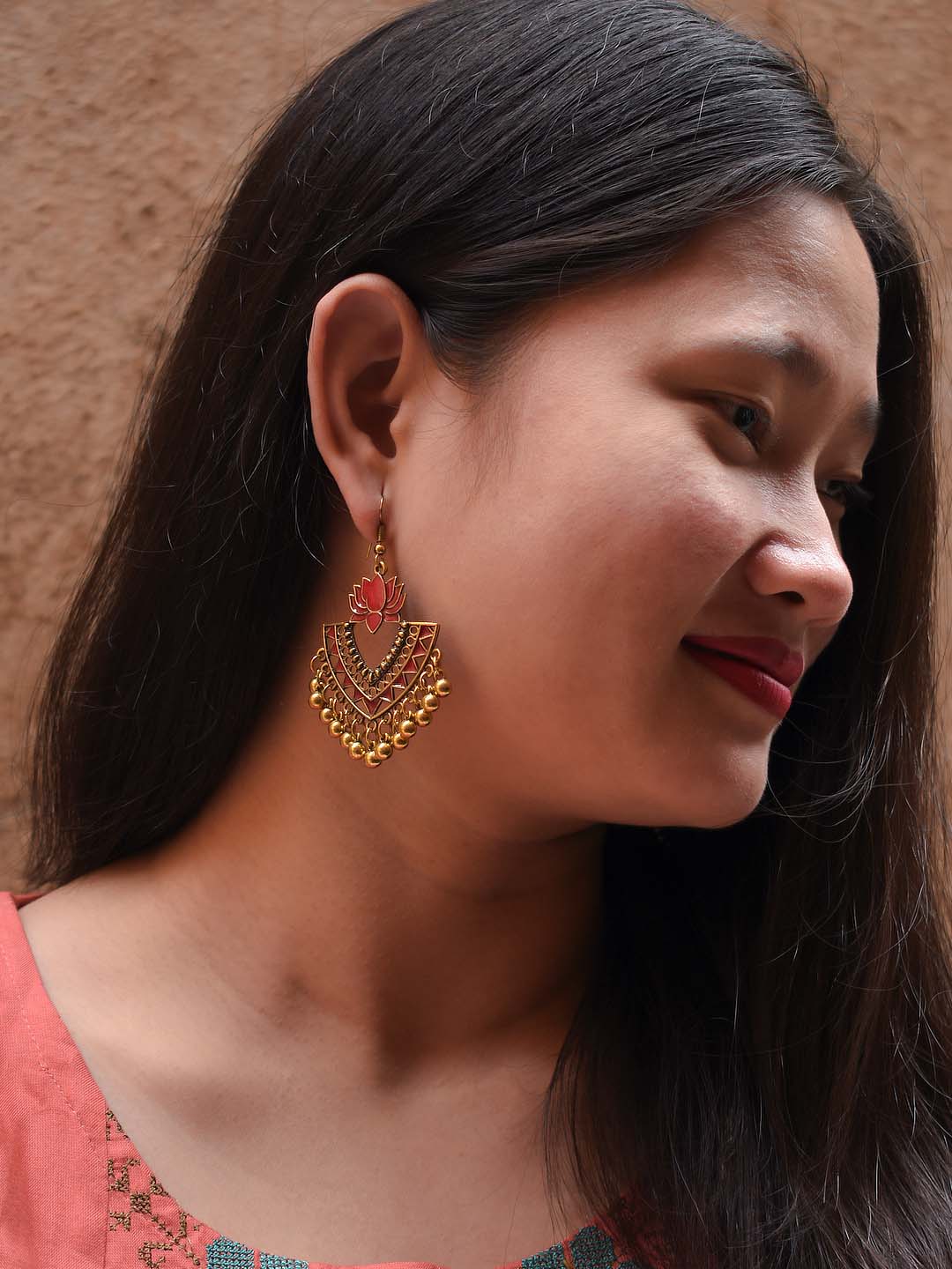 Gold Plated Red Color Lotus Design Afghani Earring