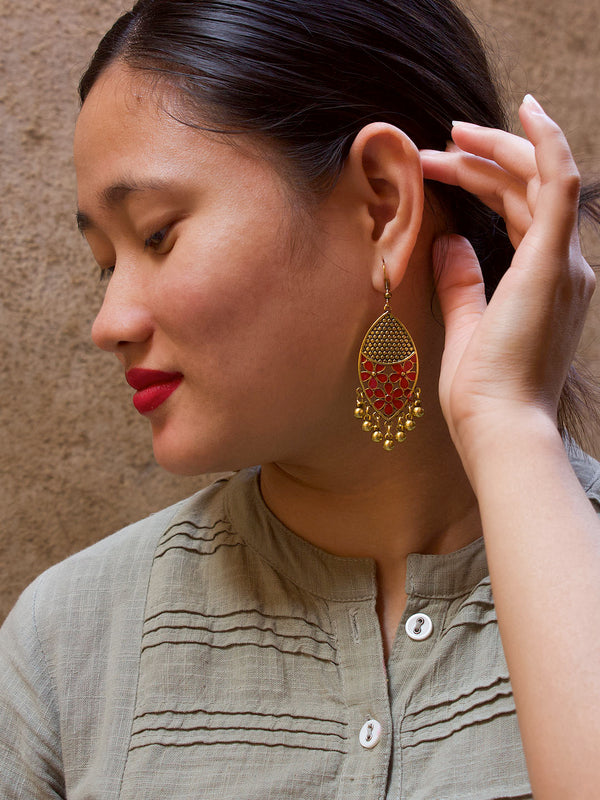 Gold Plated Leaf Design Red Color Earring