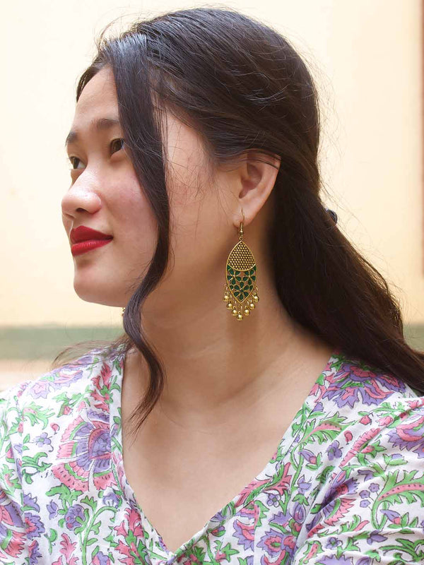 Gold Plated Leaf Design Green Color Earring