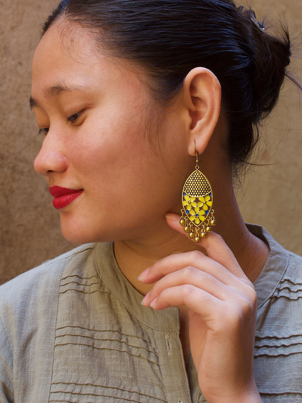 Gold Plated Leaf Design Yellow And Blue Color Earring