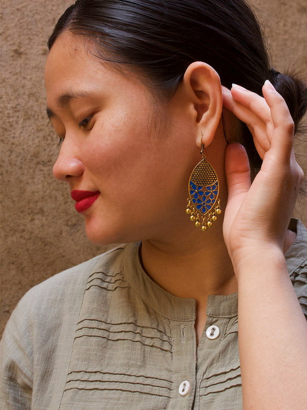 Gold Plated Leaf Design Blue Color Earring