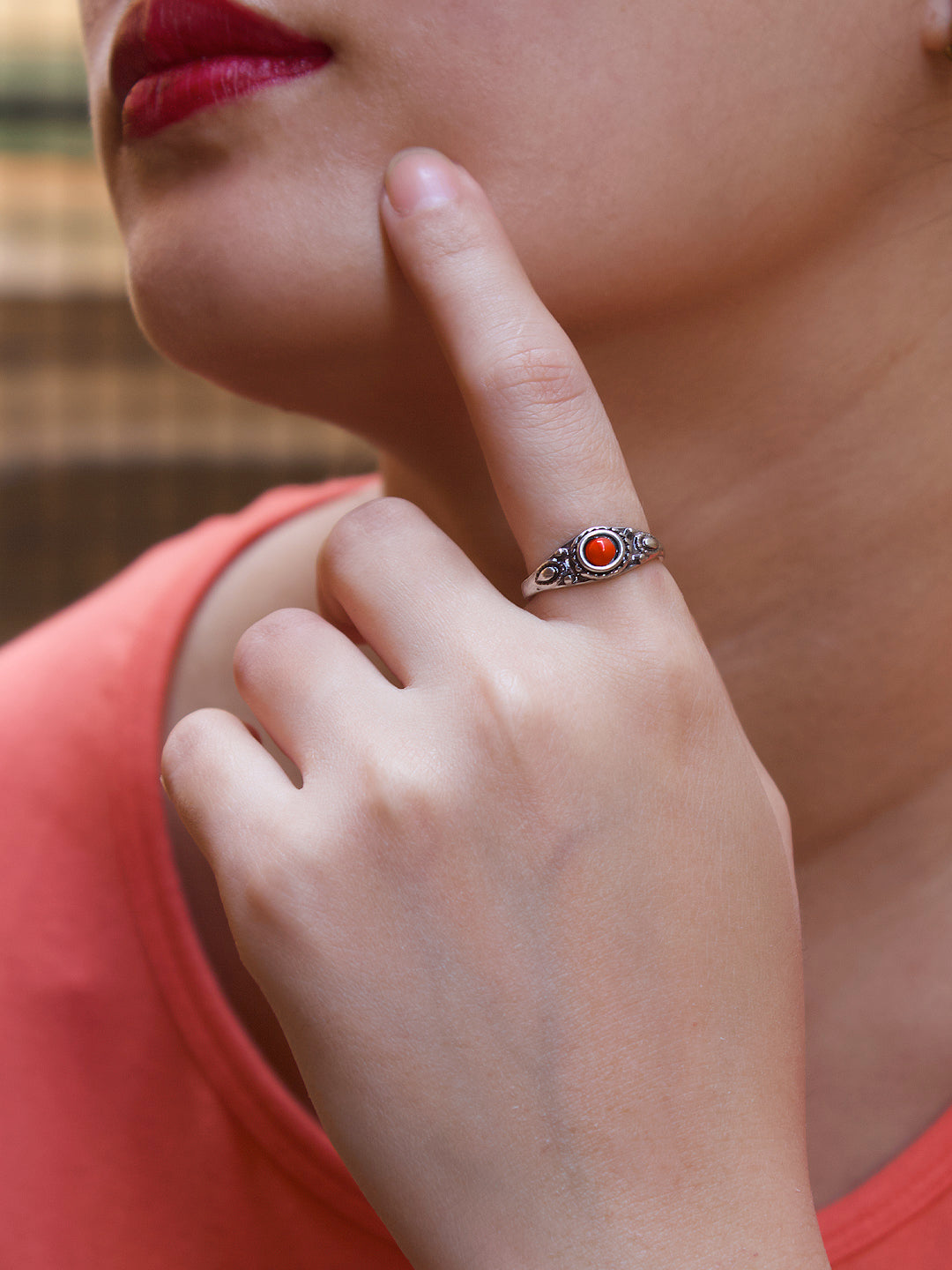 Color Stone Finger Rings Aana Oxidised Silver Plated Geometric Design Red Color Stone Finger Ri ...