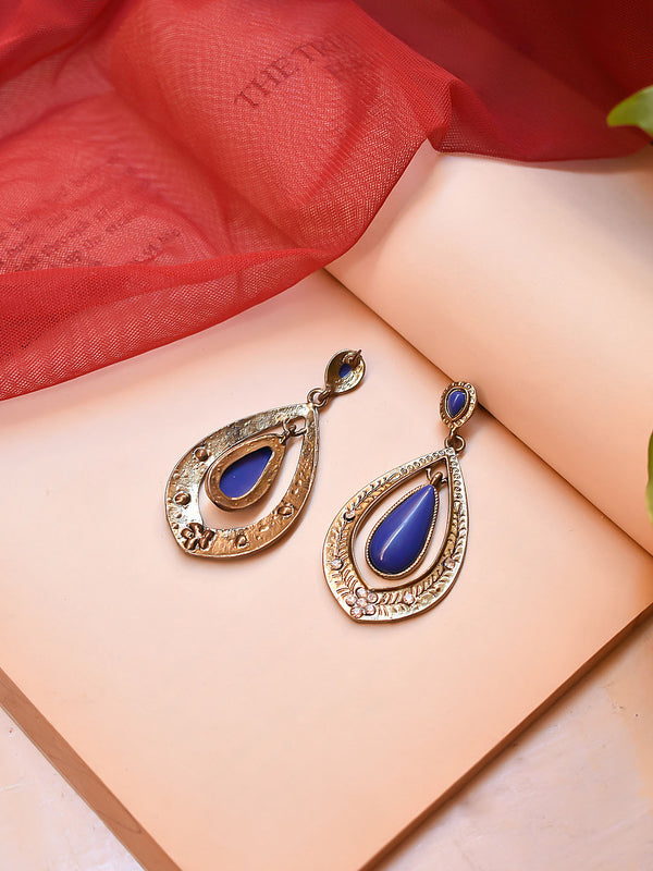 Antique Gold Plated Teardrop Design Blue Color Plastic Stone Dangler Earrings