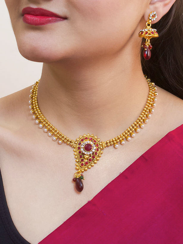 Avismaya Antique Gold Plated 2 Line Necklace With Mango Shape Design Pendant Necklace Set