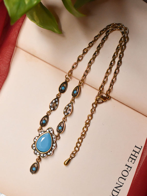 Silver Plated Teardrop Design Blue Color Stones Medium Necklace