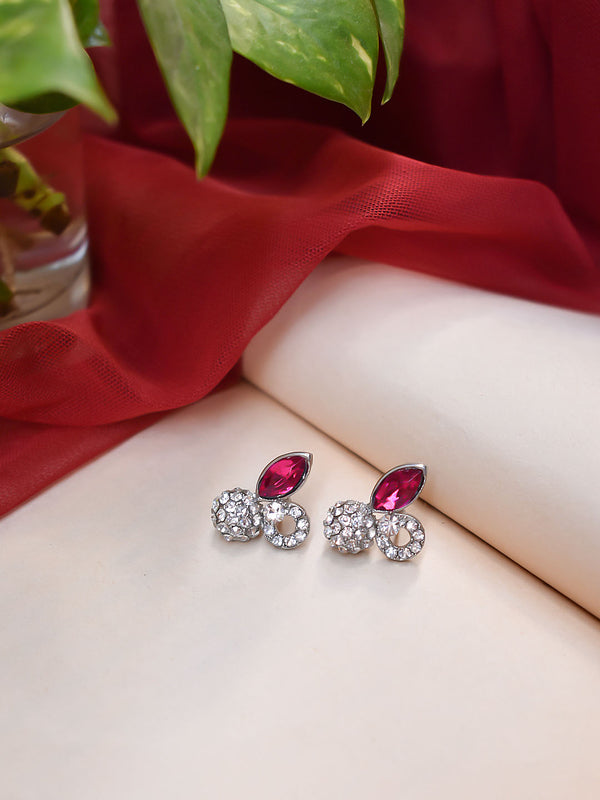 Silver Plated Tear Drop Design Pink And White Color Stones Stud Earring