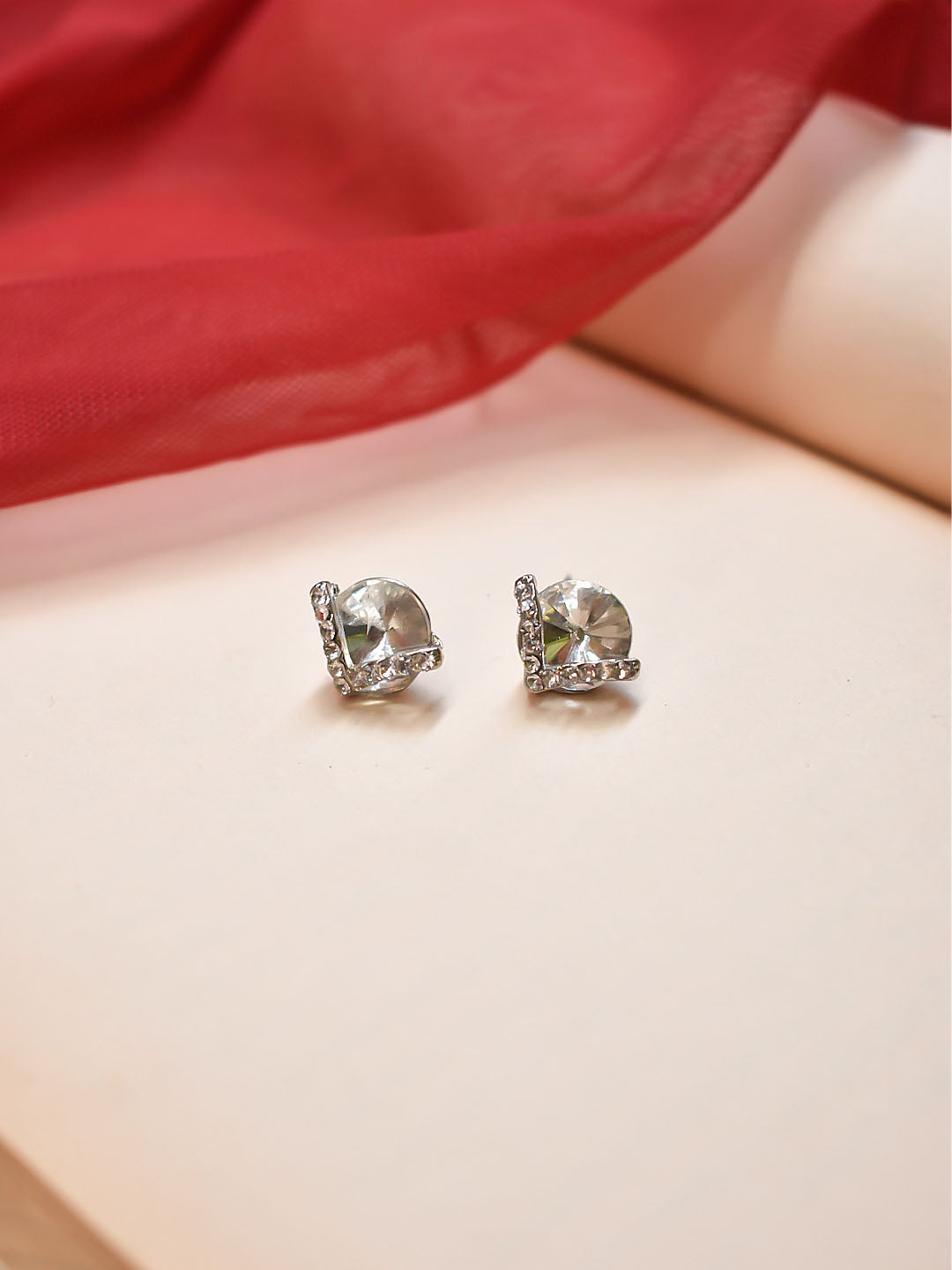 Silver Plated Geometric Design White Color Stone Stud Earring