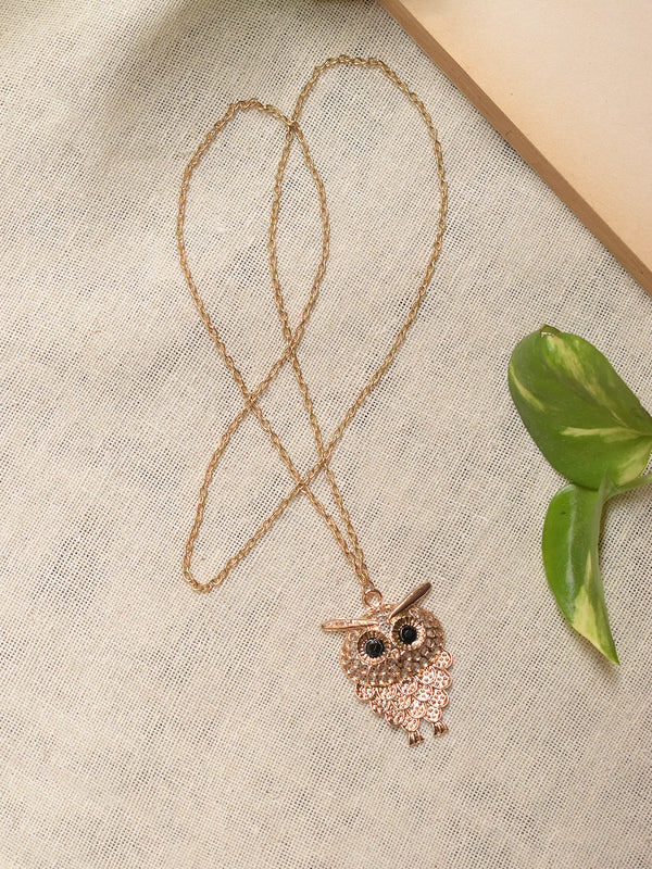 Rose Gold Plated Owl Design Pendant Long Chain