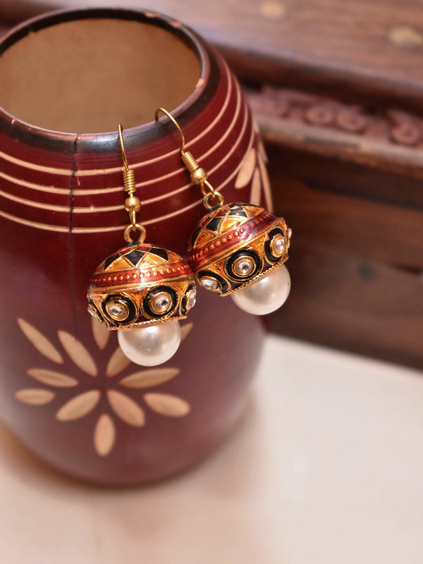 Avismaya Gold Plated Circular Design Gold And Black Color Enamel Painted Dropping Pearl Jhumka Earring