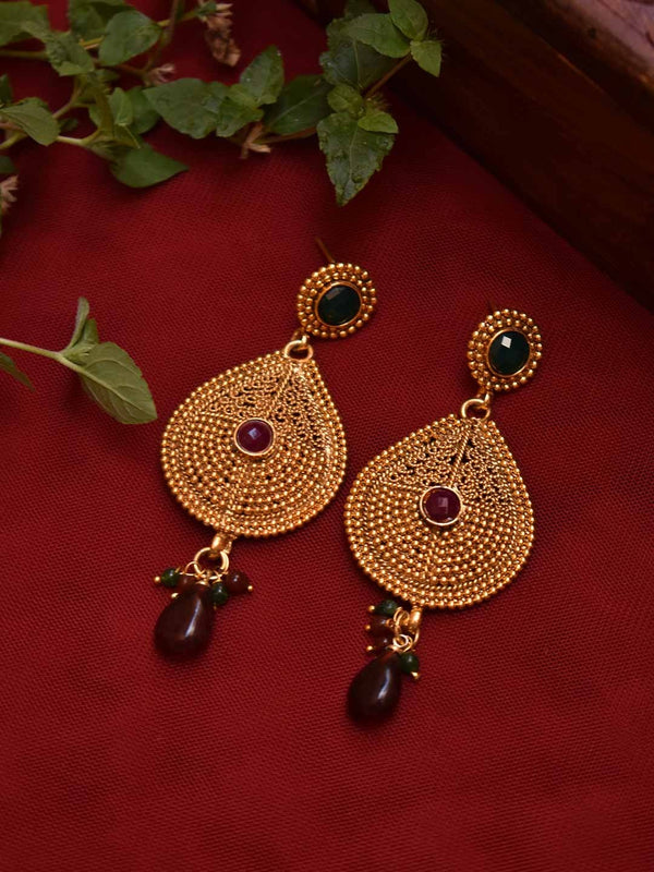 Avismaya Gold Plated Tear Drop Design With Hanging Maroon color Beads Dangler Earring