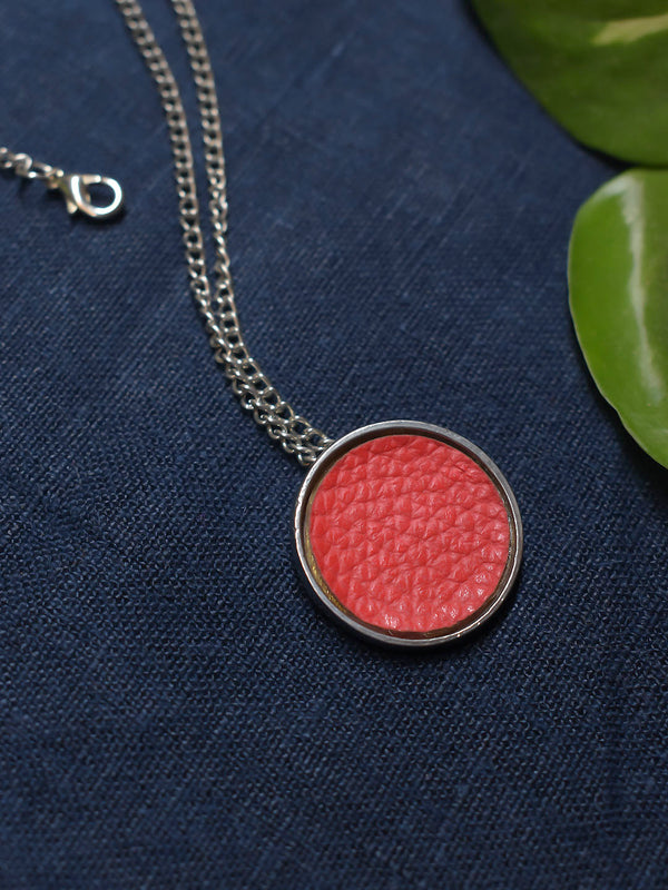 Silver Plated Circular Design Red Color Pendant Long Chain