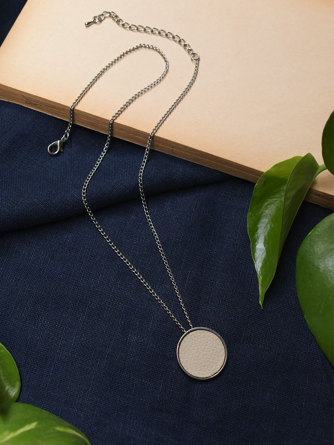 Silver Plated Circular Design Light Pink Color Pendant Long Chain