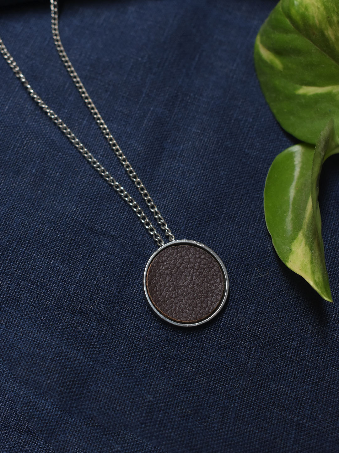 Silver Plated Circular Design Brown Color Pendant Long Chain