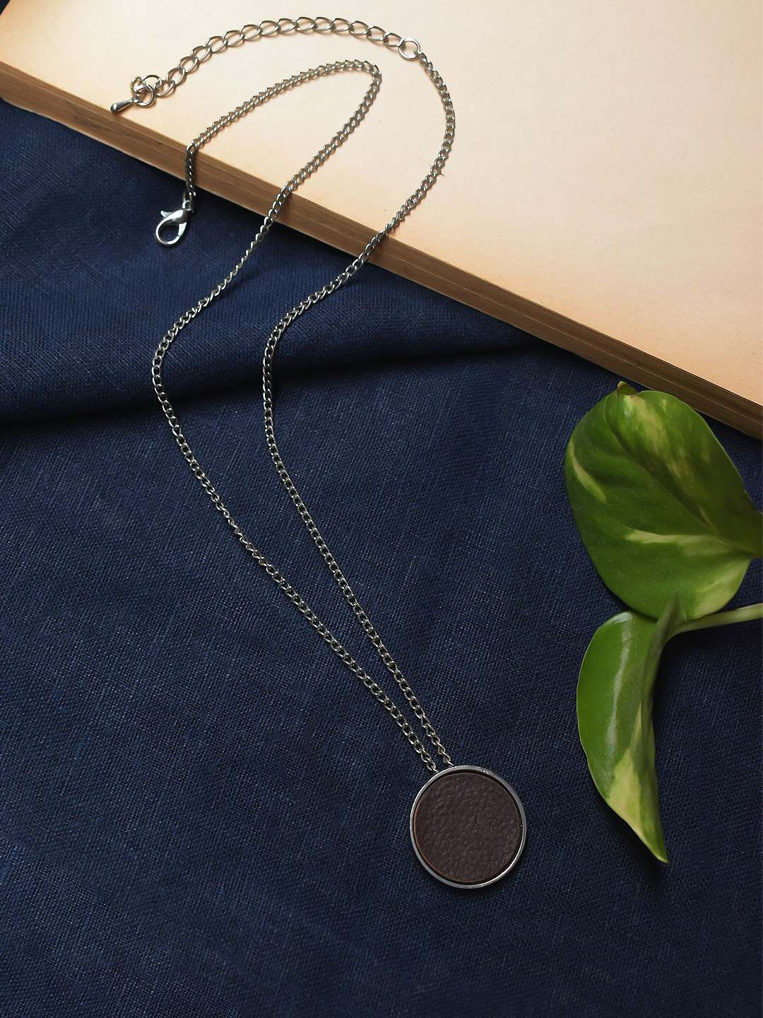 Silver Plated Circular Design Brown Color Pendant Long Chain