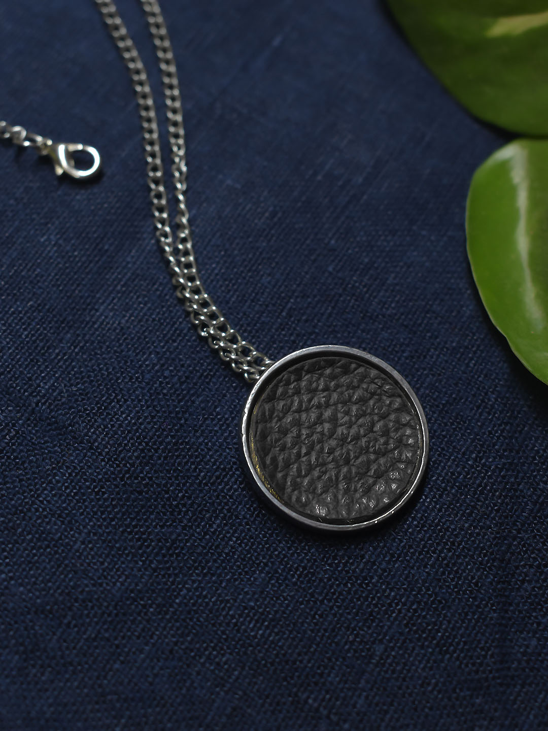 Silver Plated Oval Design Black Color Pendant Long Chain