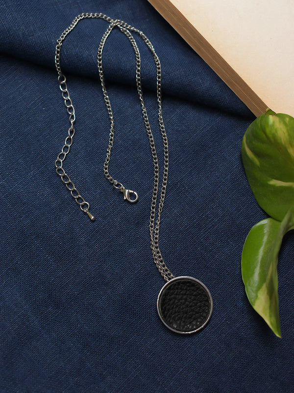 Silver Plated Oval Design Black Color Pendant Long Chain