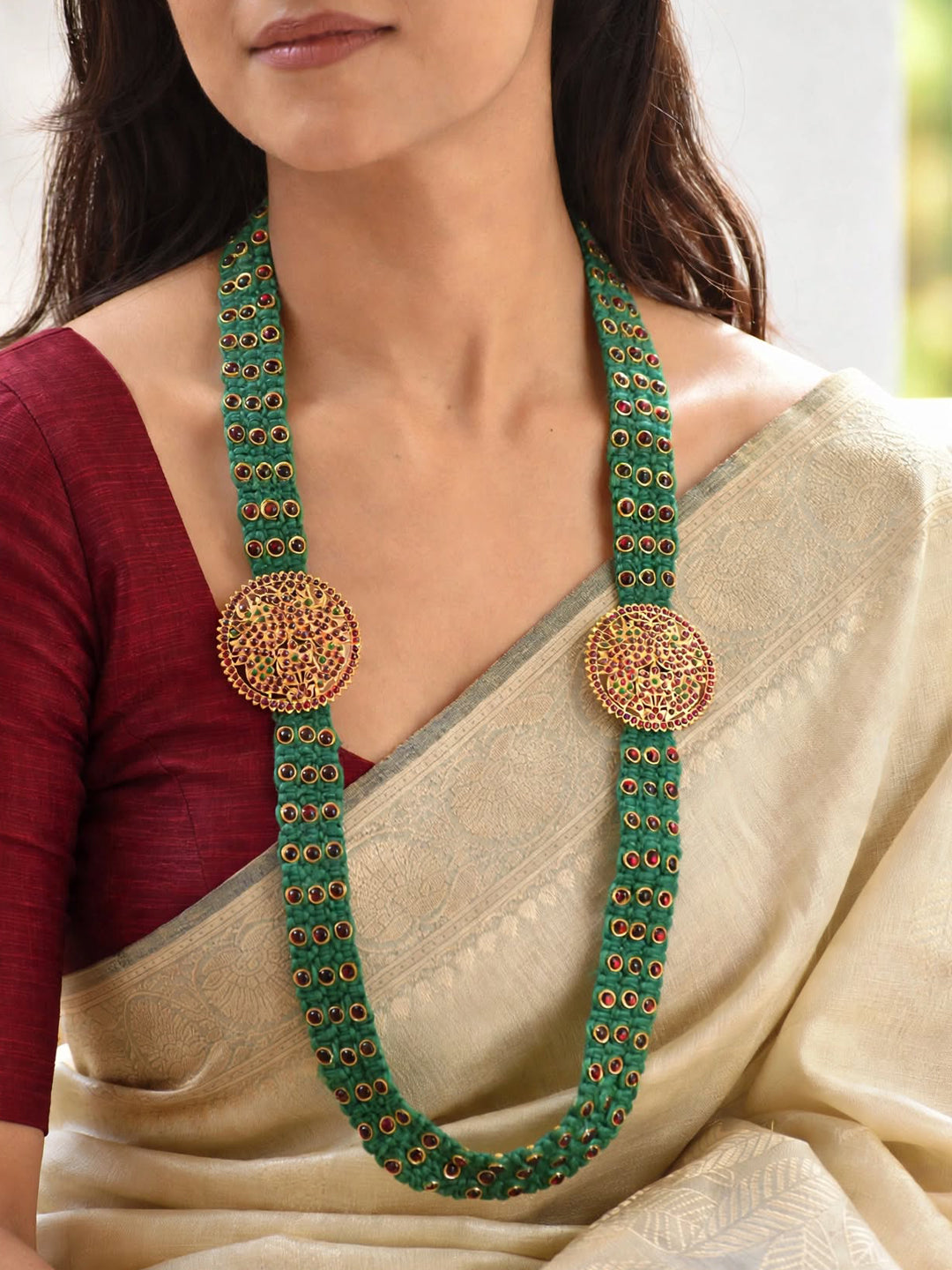 Moss Green Neckpiece With Red Stones