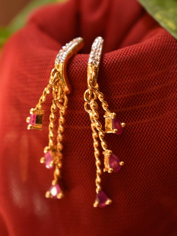 Gold Plated Three Layered Hanging Curb Chains Triangle Shape Pink Color Ruby Stones Drop Earring