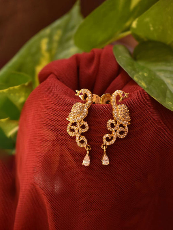 Gold Plated Peacock Design Cz Stones Drop Earring