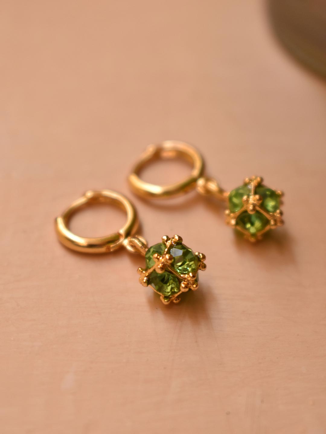 Gold Plated Circular Design Hanging Light Green Color Beads Hoop Earring