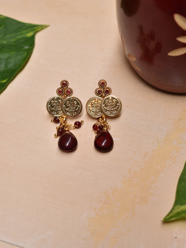 Avismaya Gold Plated Lakshmi Design Red Color Plastic Stone Dangler Earring