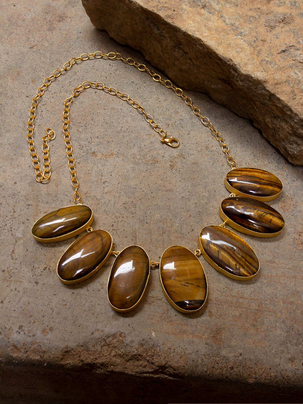 Avismaya Gold Plated Oval Design Semi Precious Brown Color Solar Druzy And Monalisa Mix Stone Long Necklace