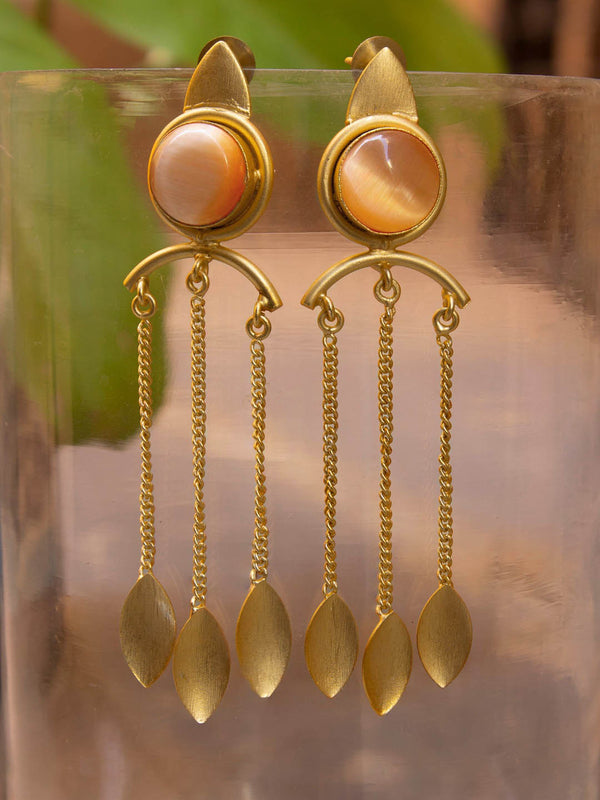 Avismaya Designer Gold Plated Crescent Design Semi Precious Orange Crystal Stone With Hanging Gold Spike Dangler Earring