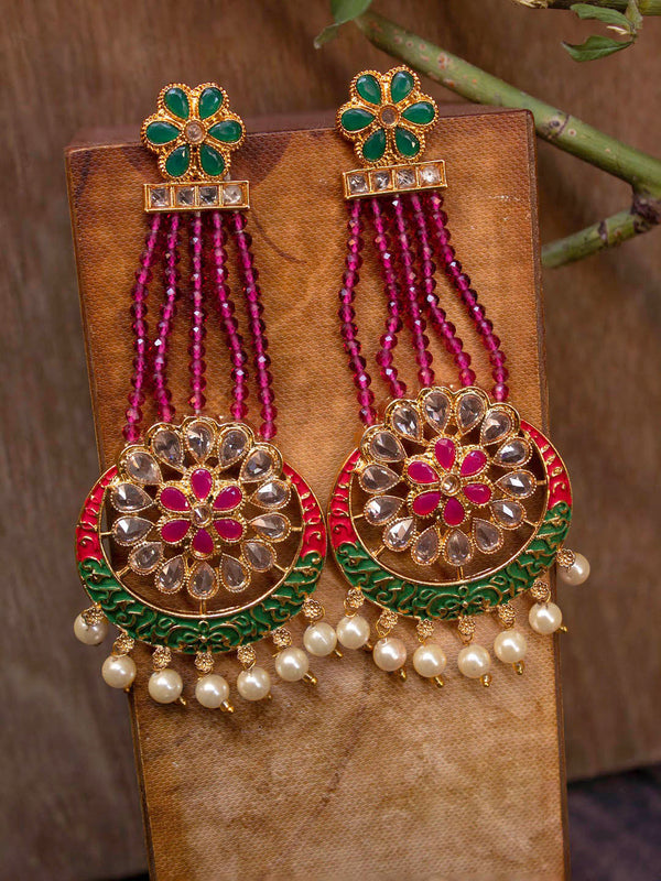 Avismaya Gold Plated Five Layered Floral Design Enamel Painted Purple Color Beads With Hanging Pearls Dangler Earring