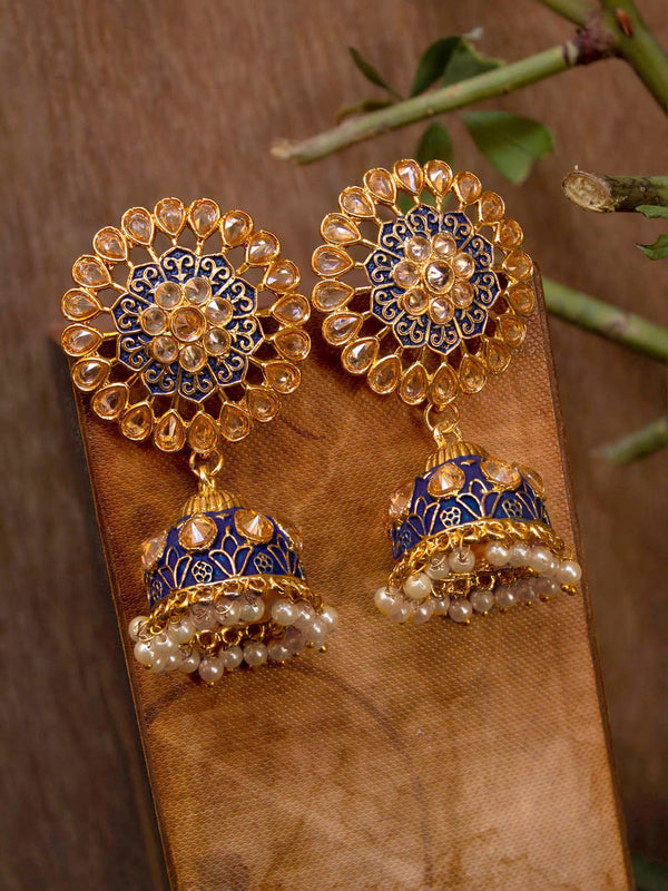 Avismaya Gold Plated Floral Design Blue Color Enamel Painted With Hanging Pearls Jhumka Earring