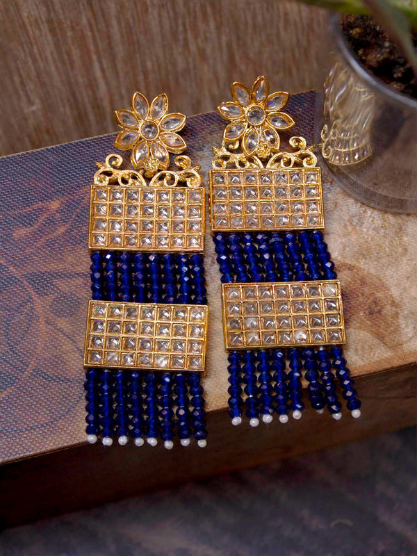 Avismaya Gold Plated Multi Layered Floral Design With Hanging Blue Color Beads Dangler Earring