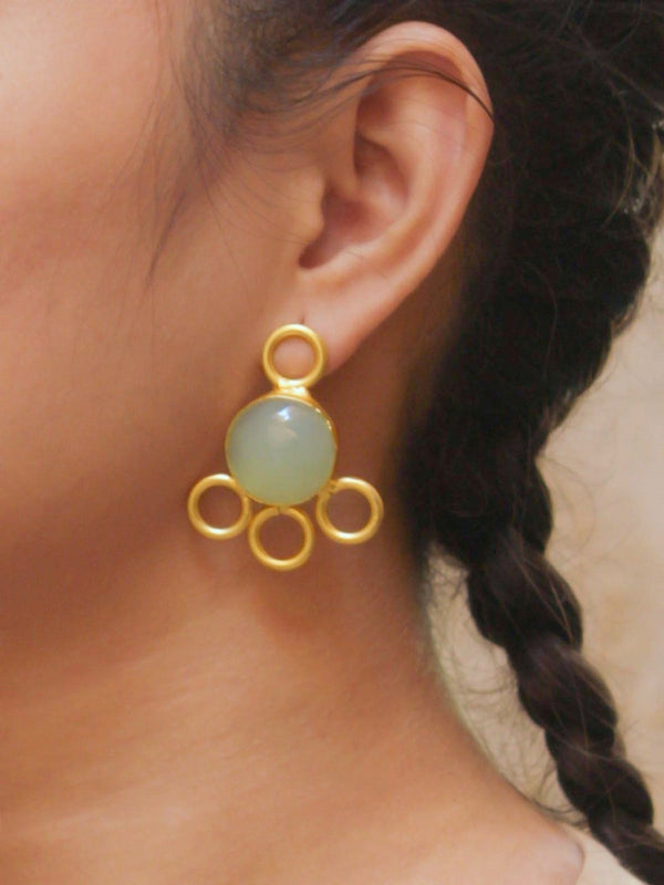 Avismaya Semi Precious Gold Plated Circle Design Green Color Moonstone Dangler Earring