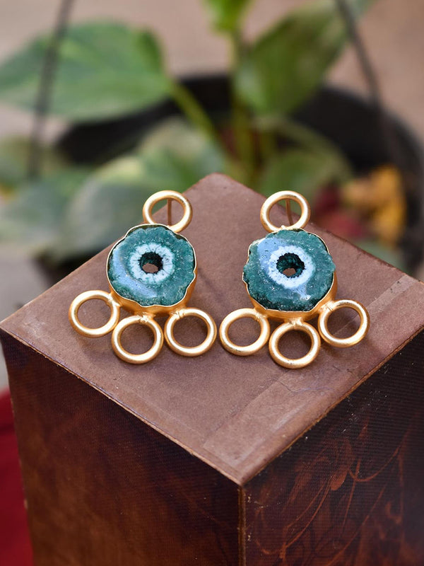 Avismaya High Quality Gold Plated Circular Shape Blue Color Druzy Stone Stud Earring