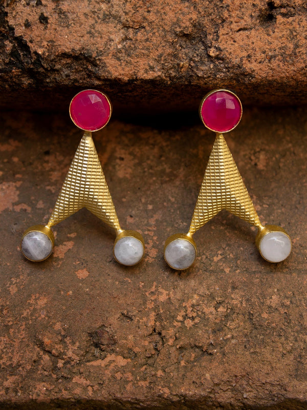 Avismaya Gold Plated Arrow Pattern Design Semi Precious Pink And White Color Crystal Stone Stud Earring