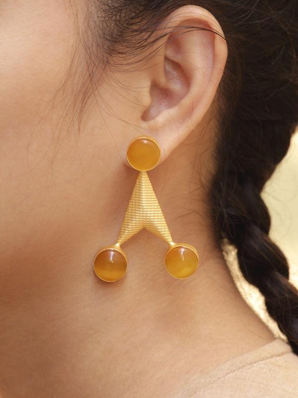 Avismaya Gold Plated Triangle Design Orange Color Moonstone Dangler Earring