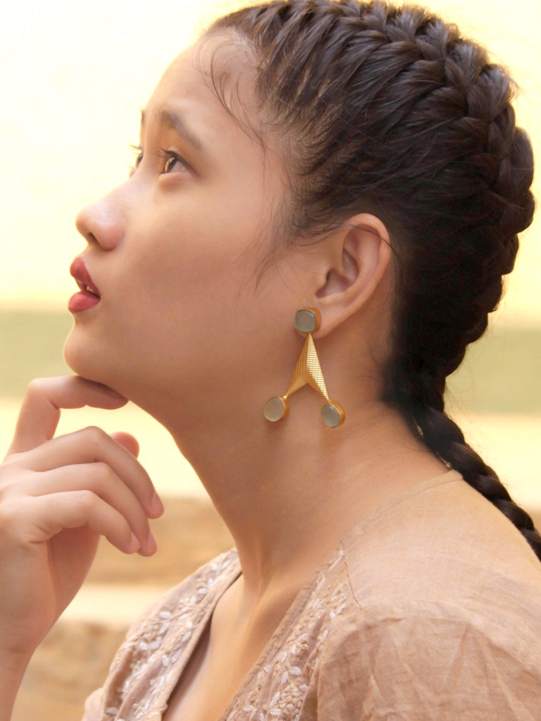 Avismaya Gold Plated Triangle Design Light Green Color Moonstone Dangler Earring