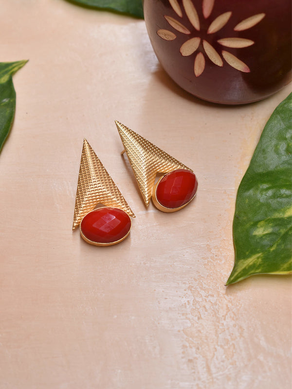Avismaya Semi Precious Gold Plated Rocket Design Red Color Crystal Stone Stud Earring
