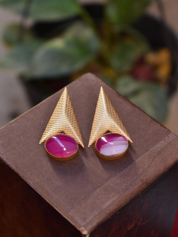 Avismaya Semi Precious Gold Plated Rocket Design Pink Color Moonstone Stud Earring