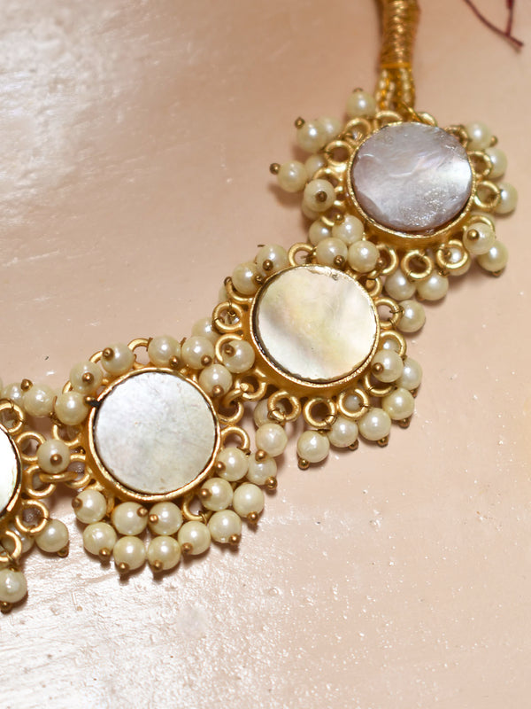 Avismaya Designer Gold Plated Circular Mirror Design With Hanging Pearls Choker Necklace