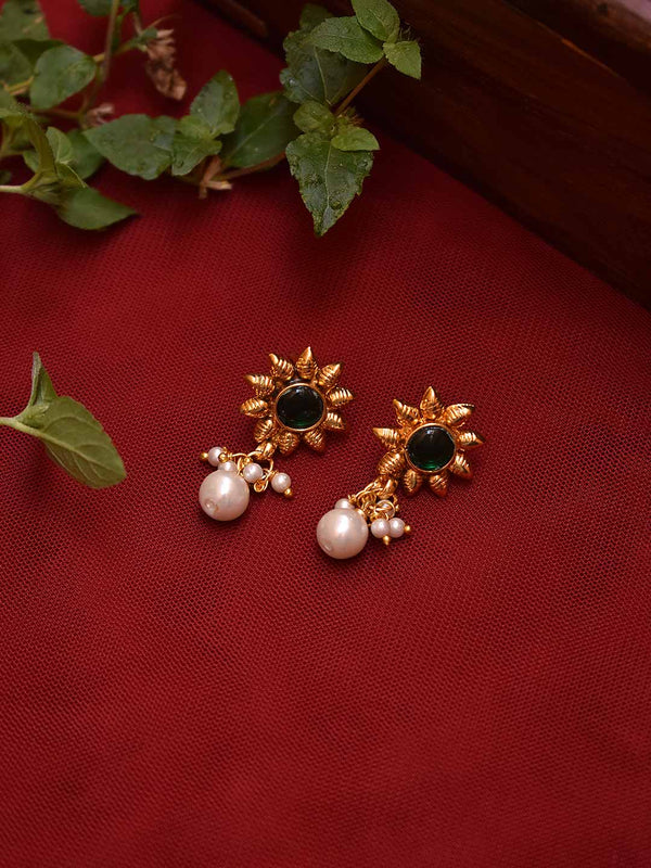 Avismaya Green Color Plastic Stone Sun Design Stud With Hanging Pearls Drop Earring