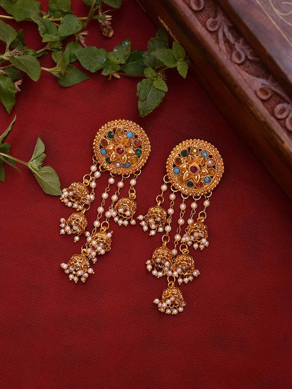 Gold Plated Circular Shape Floral Design With Hanging Pearl Chains Dangler Earring